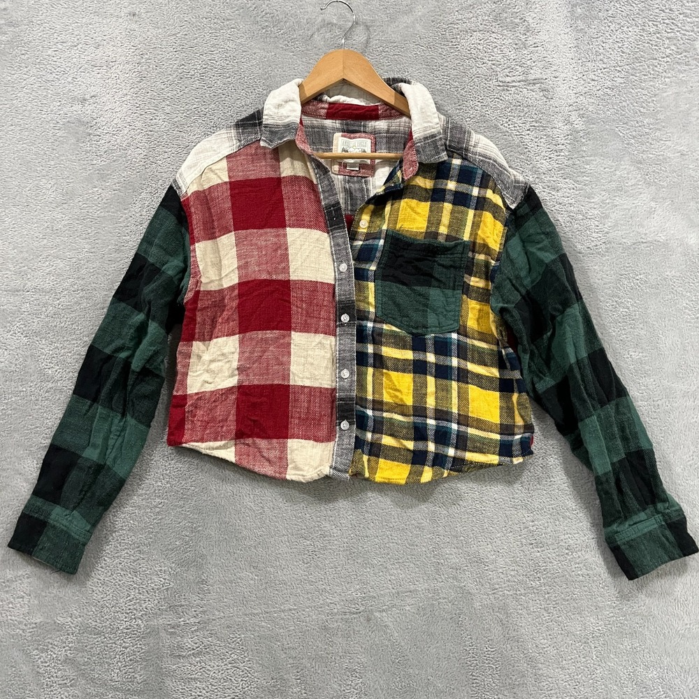 American Eagle Cropped Flannel Shirt Women Small Multi Plaid Patchwork Button Up